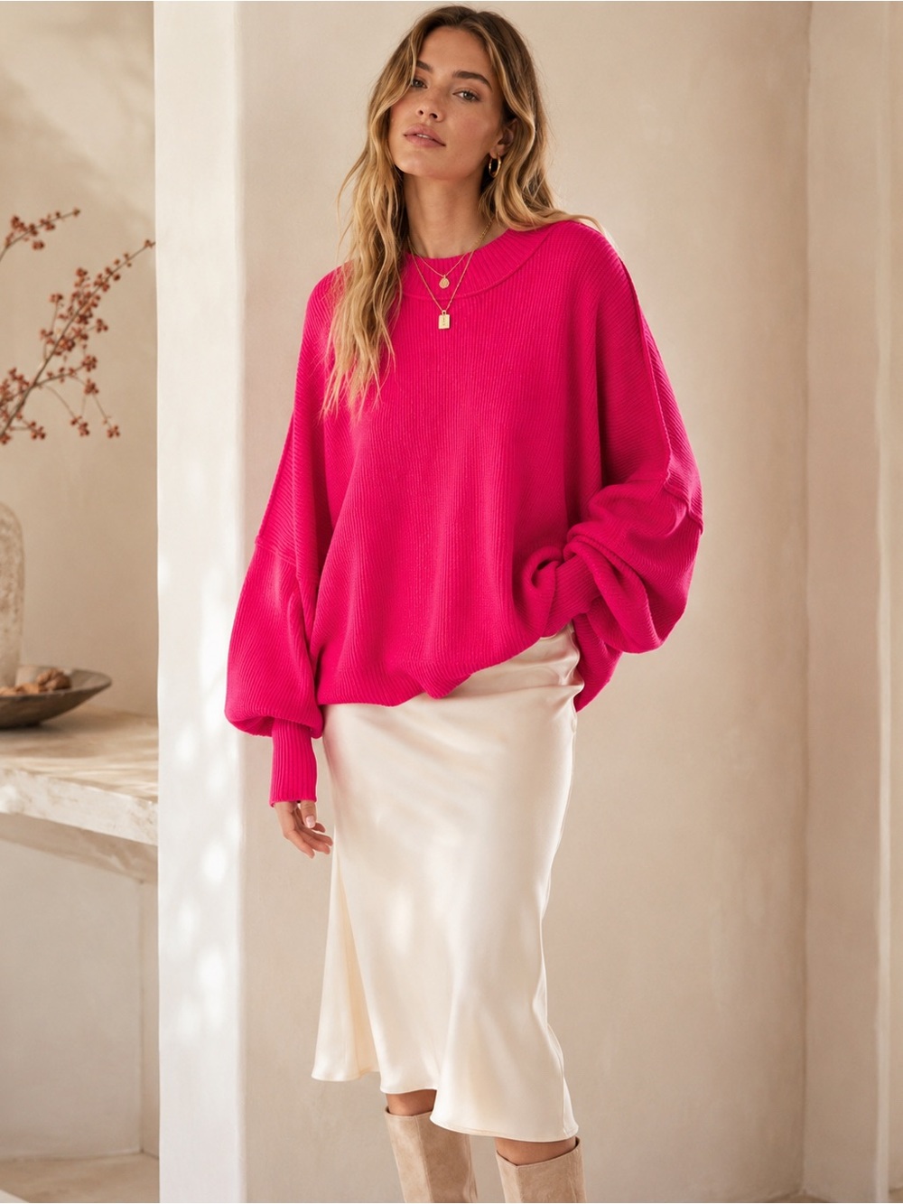 Free People Easy Street Tunic Sweater Fuchsia Cotton Blend Oversized OS
